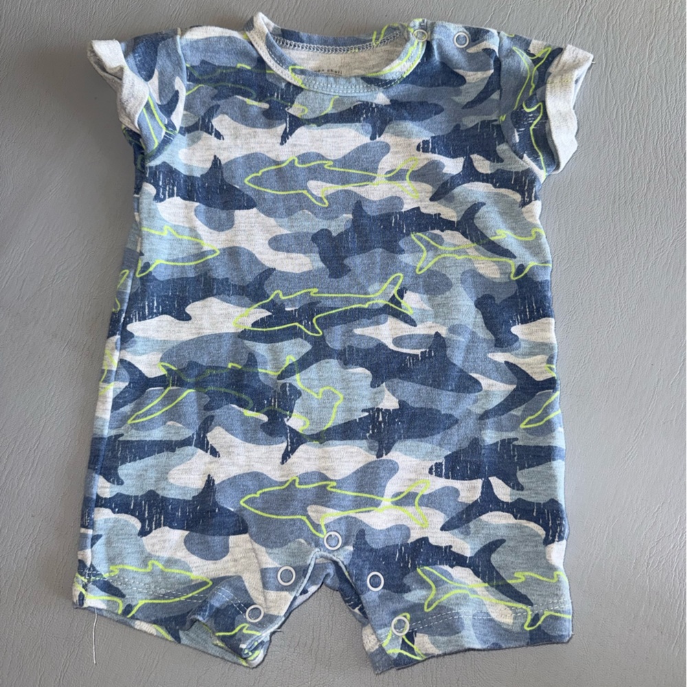 Mon Cheri Blue and Gray Shark Print‎ Romper